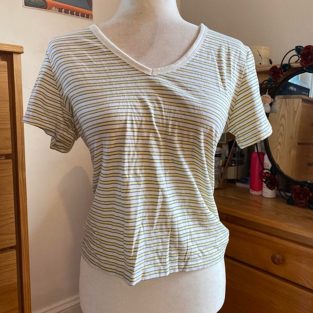 Abercrombie And Fitch Retro Style White Blue And Yellow Striped V-Neck Tee